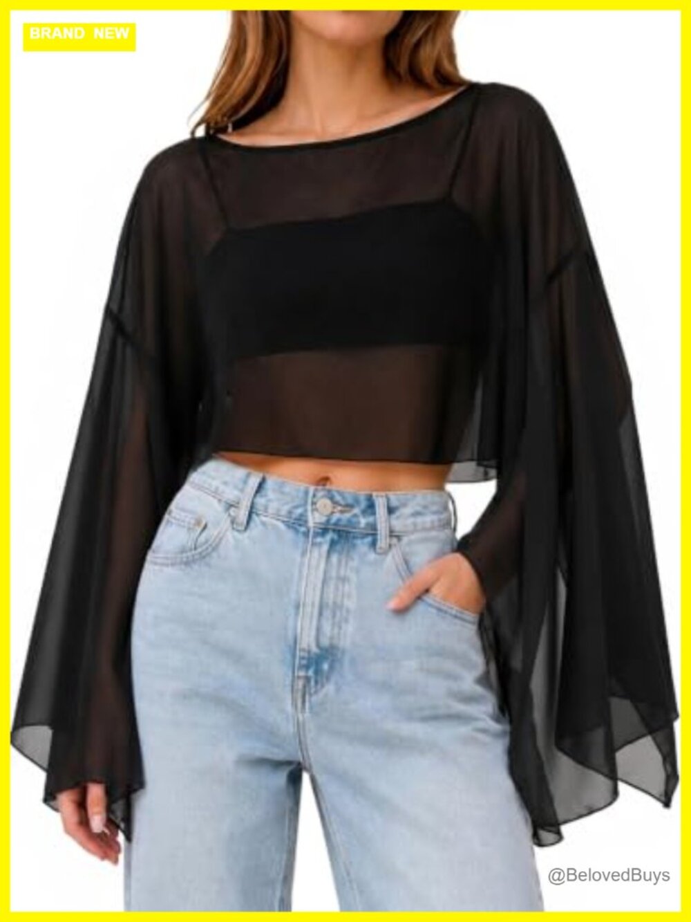 Women Sheer Mesh Crop Top Boat Neck Bell Long Sleeve Blouse